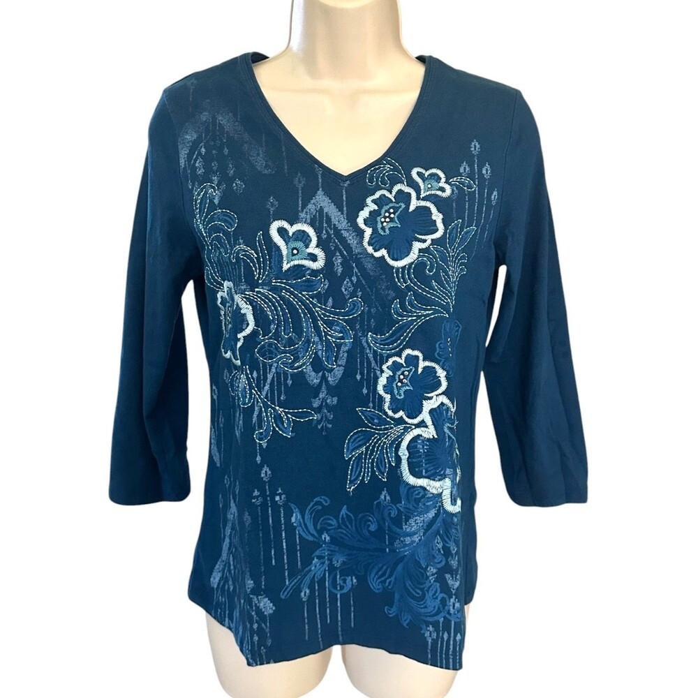 Laura Ashley Women's Floral Embroidered Blouse Top 3/4 Sleeve Size S Dark Blue